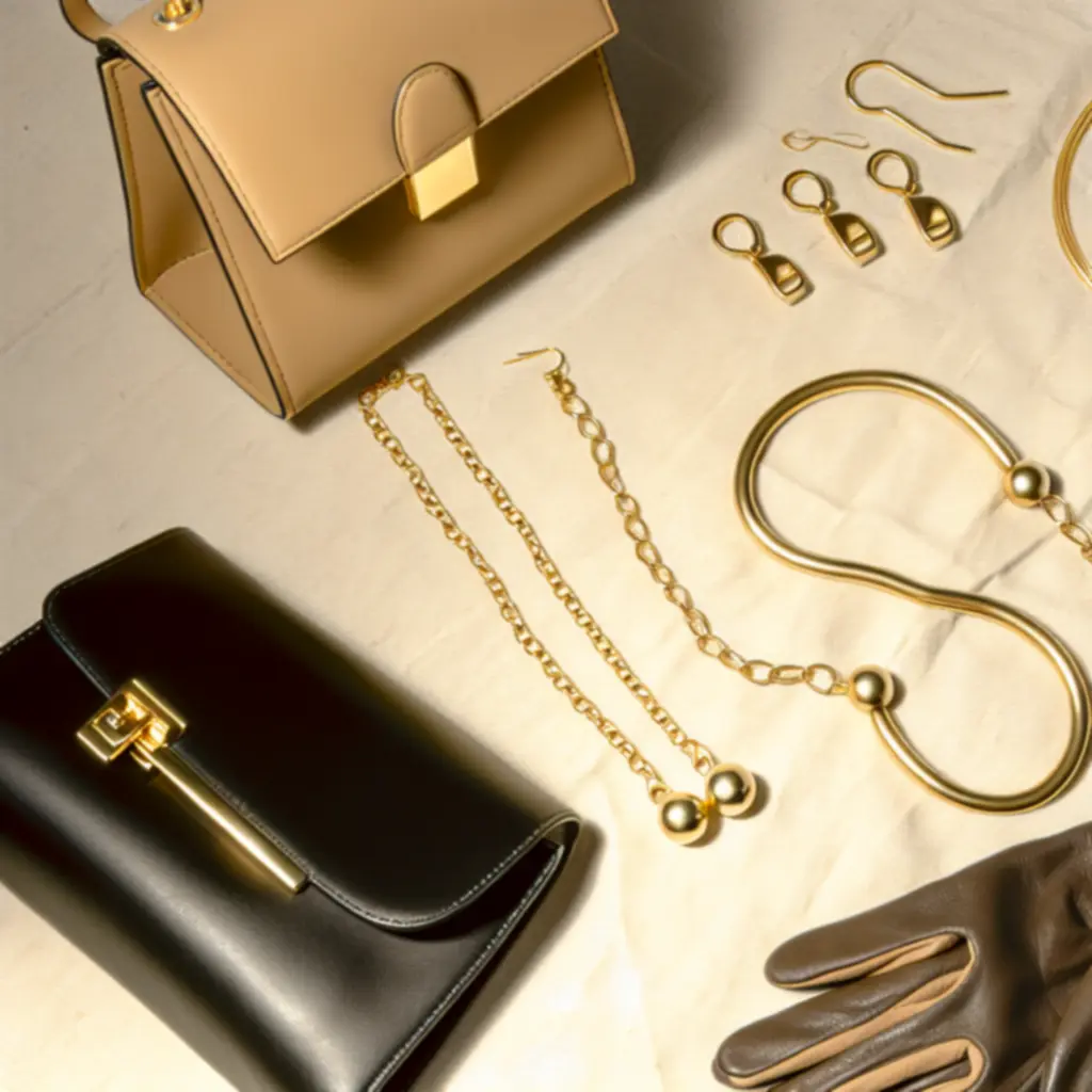 Gold jewelry and accessories flatlay arrangement