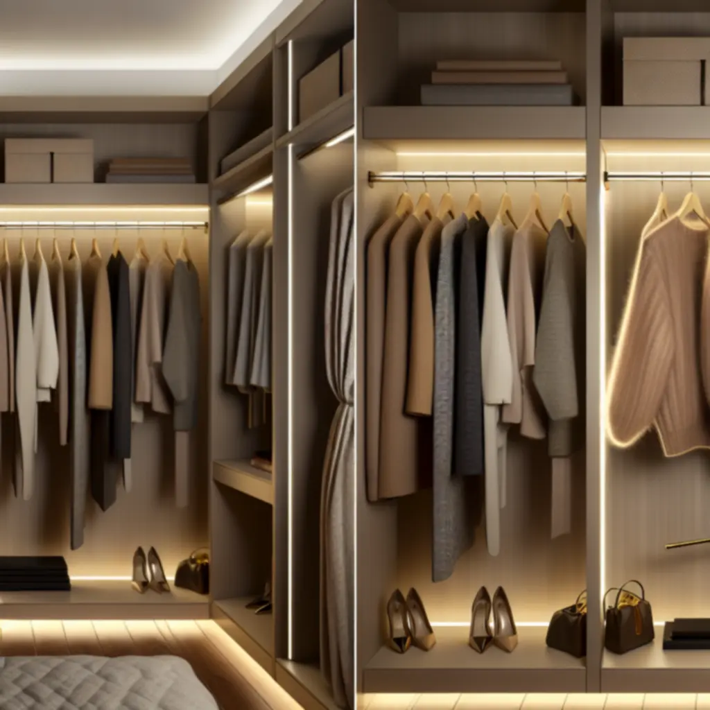 Organized capsule wardrobe closet with neutral clothing
